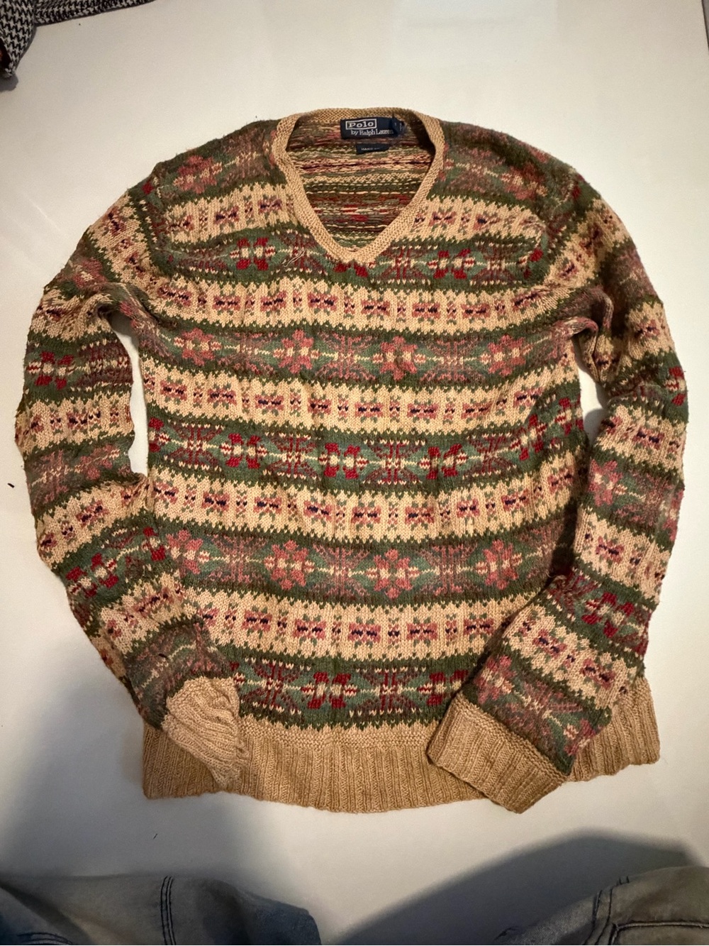 Ralph Lauren Hand Knit V-Neck Fair Isle Sweater in Tan and Green
